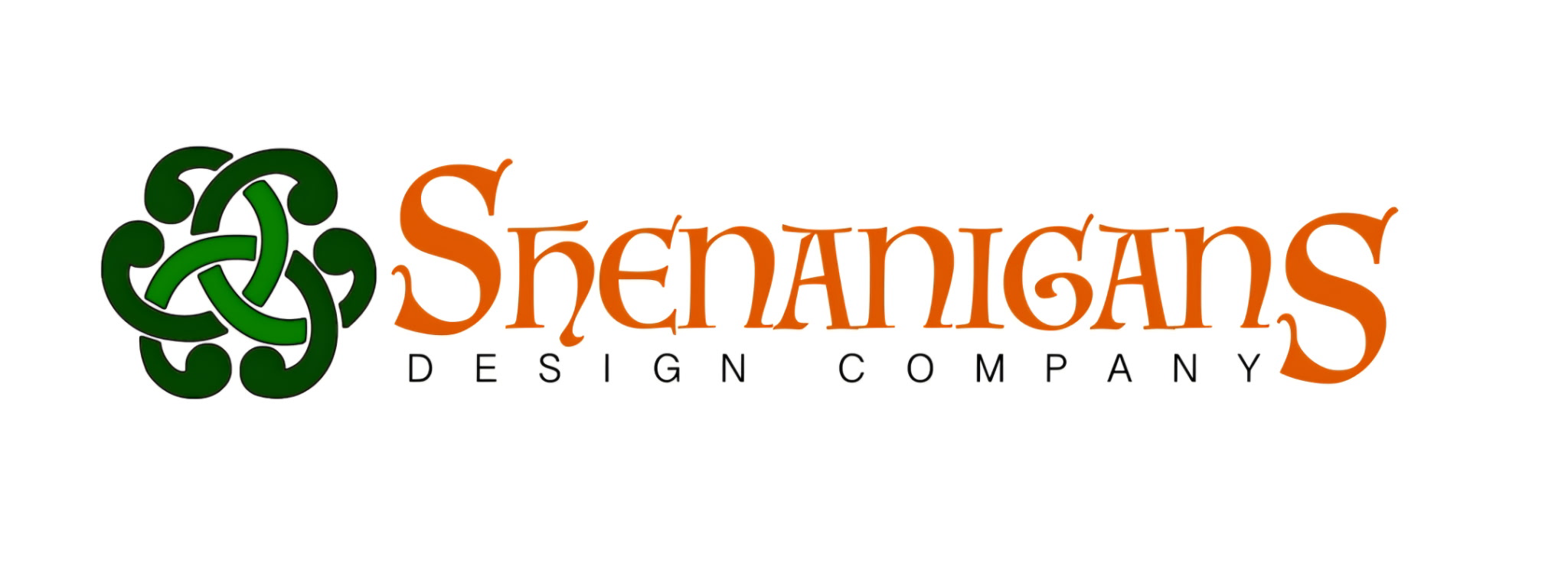 Shenanigans Design Company logo featuring a stylized Celtic knot in green and orange.